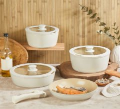 Bondy Seramik Kaplama 8 parça Bej Yanmaz Yapışmaz Tencere Seti